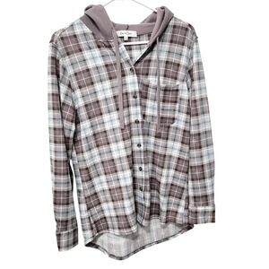 Eden & Olivia Plaid Hooded Button Down Women Medium Purple Blue Long Sleeve Top